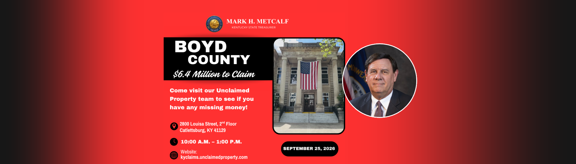 Banner indicating Roadshow for Boyd County Unclaimed Property show.