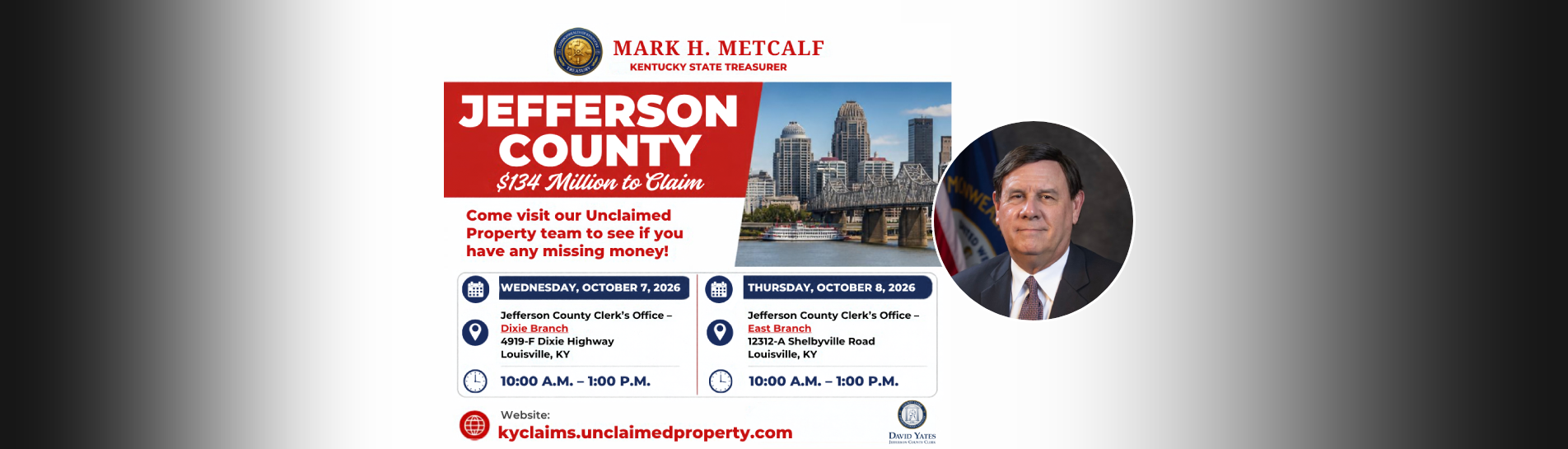 Banner outlining the Unclaimed Property Roadshow event in Jefferson County on October 7th and 8th.