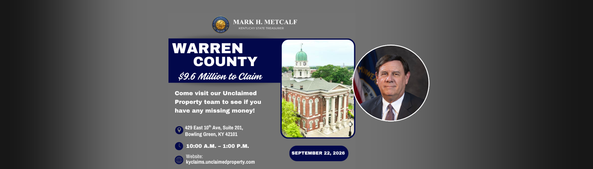 Banner indicating Roadshow for Warren County Unclaimed Property show.